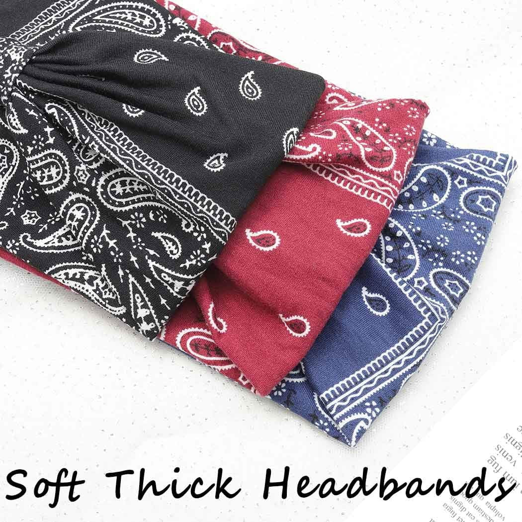 Boho Bandeau Headbands Wide Knot Hair Scarf Hair Band Elastic Turban Thick Head Wrap Stretch Fabric Head Bands Thick Fashion Hair Accessories for Women 3 Pcs (Elegant)